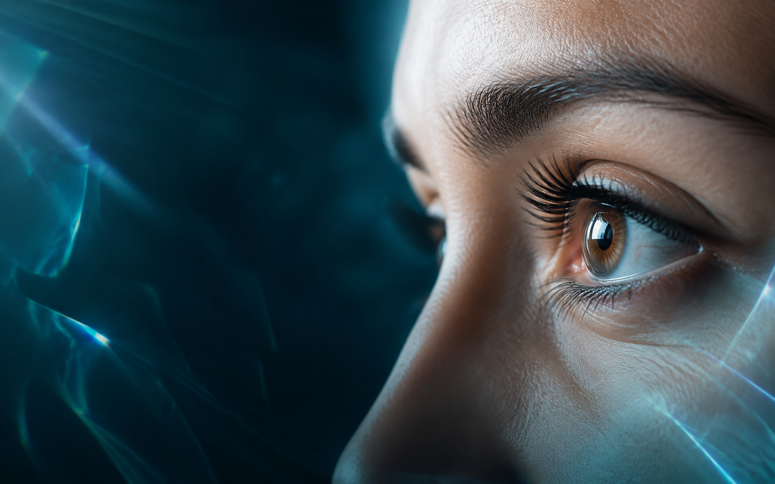 Detalle de un ojo humano sano iluminado en tonos azul petróleo